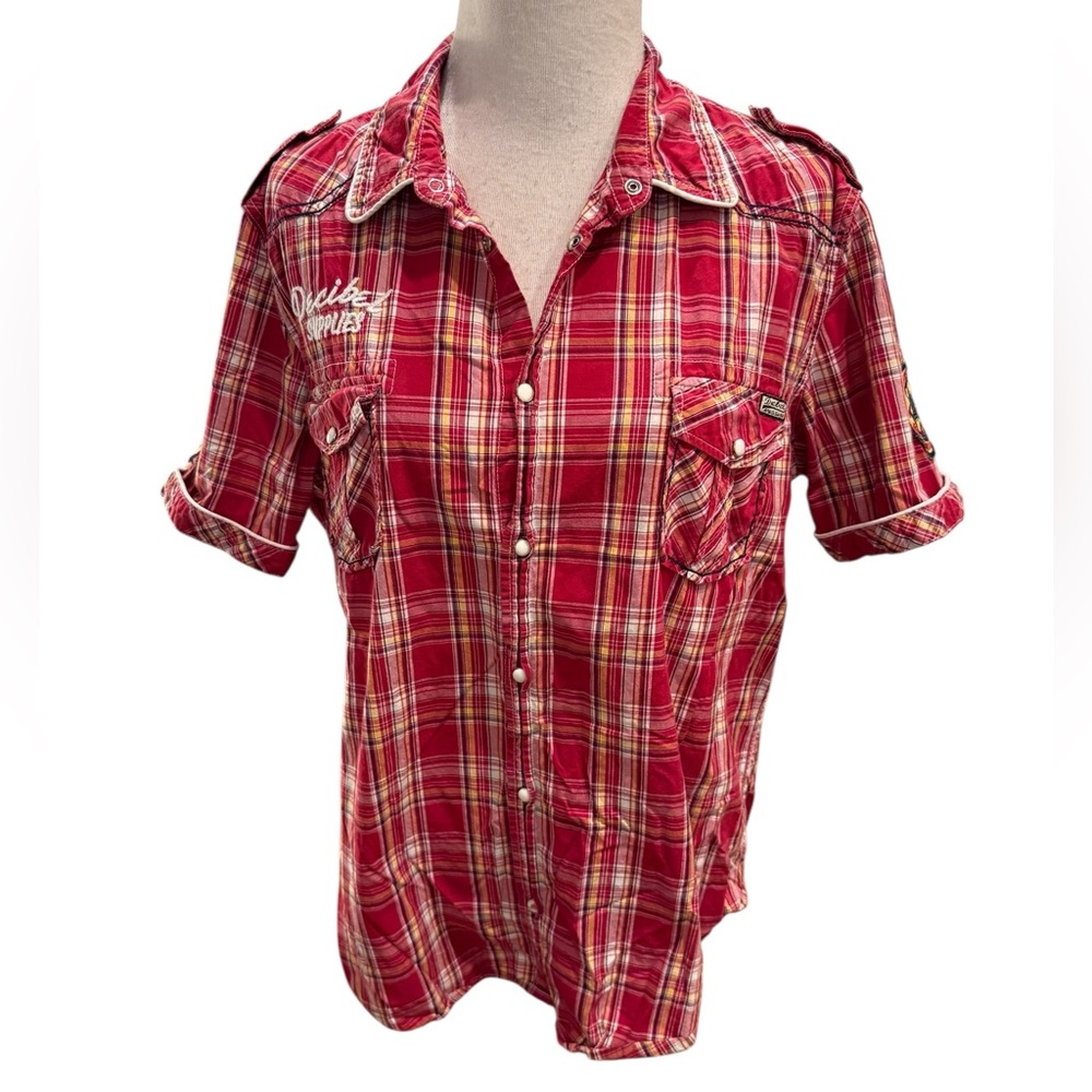 Decibel H-79 Supplies Red Plaid Shirt w/a Classic Design & Two Patches Size 2XL